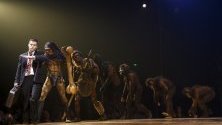 Артисти от цирка Cirque du Soleil свирят на сцената по време на премиерата на шоуто Totem в Женева, Швейцария. 