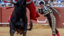 Испанският тореадор Октавио Чакон се бори с бик по време на фестивала Feria de Abril в Севиля, Испания.