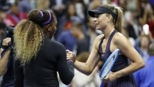 Серина Уилямс и Мария Шарапова след двубоя им по време на първия ден от US Open, който се провежда до 8 септември.