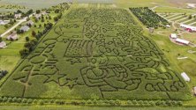 Лабиринт в царевична нива в Richardson Adventure Farm, Спринг Гроув, Илинойс. Лабиринтът е посветен на 50-годишнината от полета на Apollo 11 до Луната.
