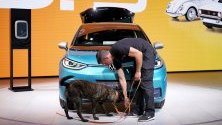 Полицейски служител с куче извършва проверки за сигурност на Фолксваген (VW) ID.3 по време на Международното автомобилно изложение (IAA) във Франкфурт, Германия.
