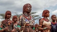 Жени от племето хамер в етиопското село Турми, на границата с Кения, участват в ритуал. 