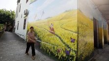 Жена минава край изрисувана стена в селото Чу Са край Ханой. Селото стана известно с над 20-те си изрисувани стени.
