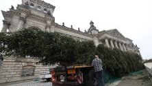 Доставят коледното дърво пред Бундестага в Берлин, Германия.