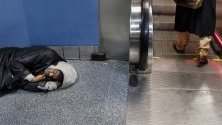 Бездомник спи на пода в метрото в Ню Йорк. Управата на Нюарк съди тази на Ню Йорк, че незаконно мести бездомници в неподходящи жилища в Нюарк. Около 79 000 души живеят в приюти или по улиците на Ню Йорк.