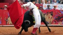 Перуанският тореадор Рока Рей по време на корида с 542-килограмовия бик Аморосо Сантуарио по време на корида в Мексико сити.