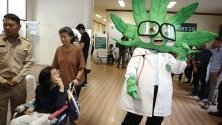 Пациент наблюдава костюмиран като марихуана по време на откриване на първата клиника за лечение с марихуана в Тайланд, намираща се в Банкок.