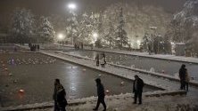 Иранци се разхождат в заснежен парк в Техеран. Жителите на града бяха изненадани от обилен снеговалеж.
