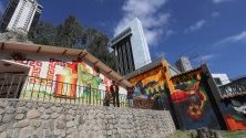 Боливийският творец Фреди Мамани позира до свои графити върху правителствена резиденция в Ла Пас, Боливия.